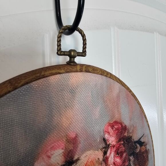 Floral Art Framed Picture Pink Roses Vase Round Cottage Country Renaissance - Picture 4 of 9